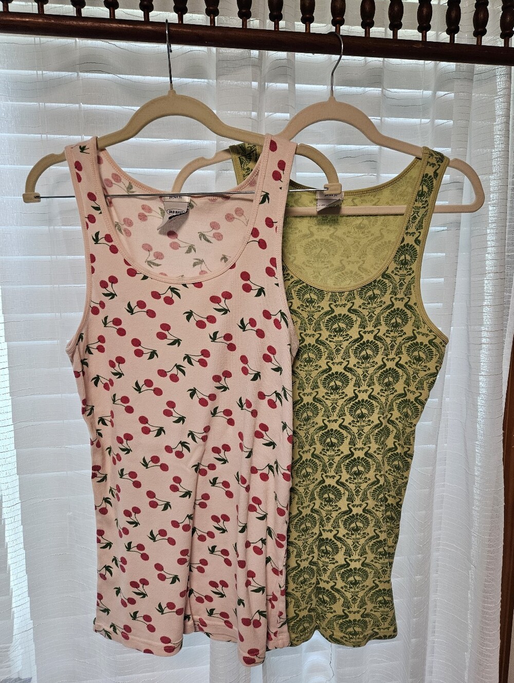 Old Navy Classic Y2k Cherry Print Pink Tank Top & Green Patterned Tank Duo